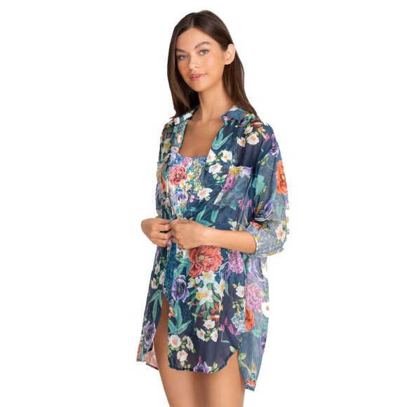 Johnny Was Sunrise Blue Flower Swim Resort Cover Up Floral Paria Shirt Dress NEW - Picture 2 of 7